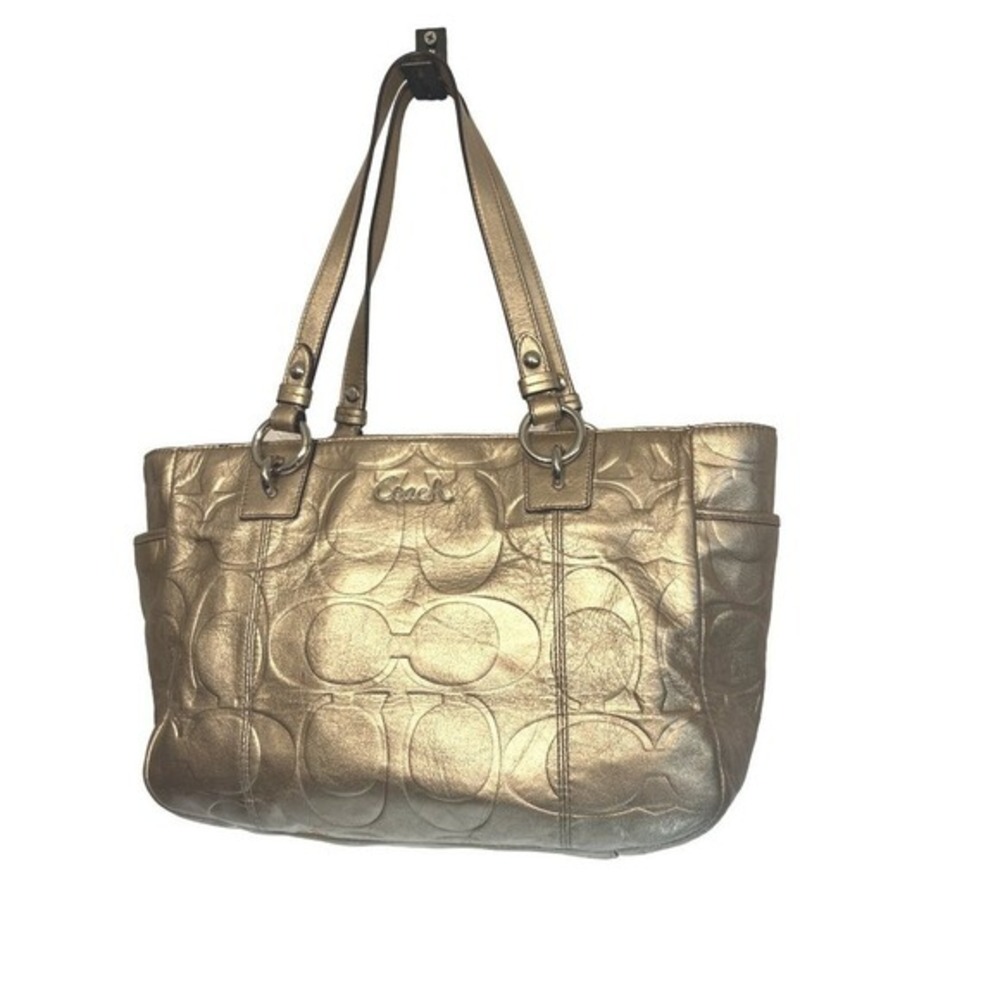 Coach East‎ West Embossed Signature Gold Metallic Shoulder Bag Tote Purse - Picture 13 of 16